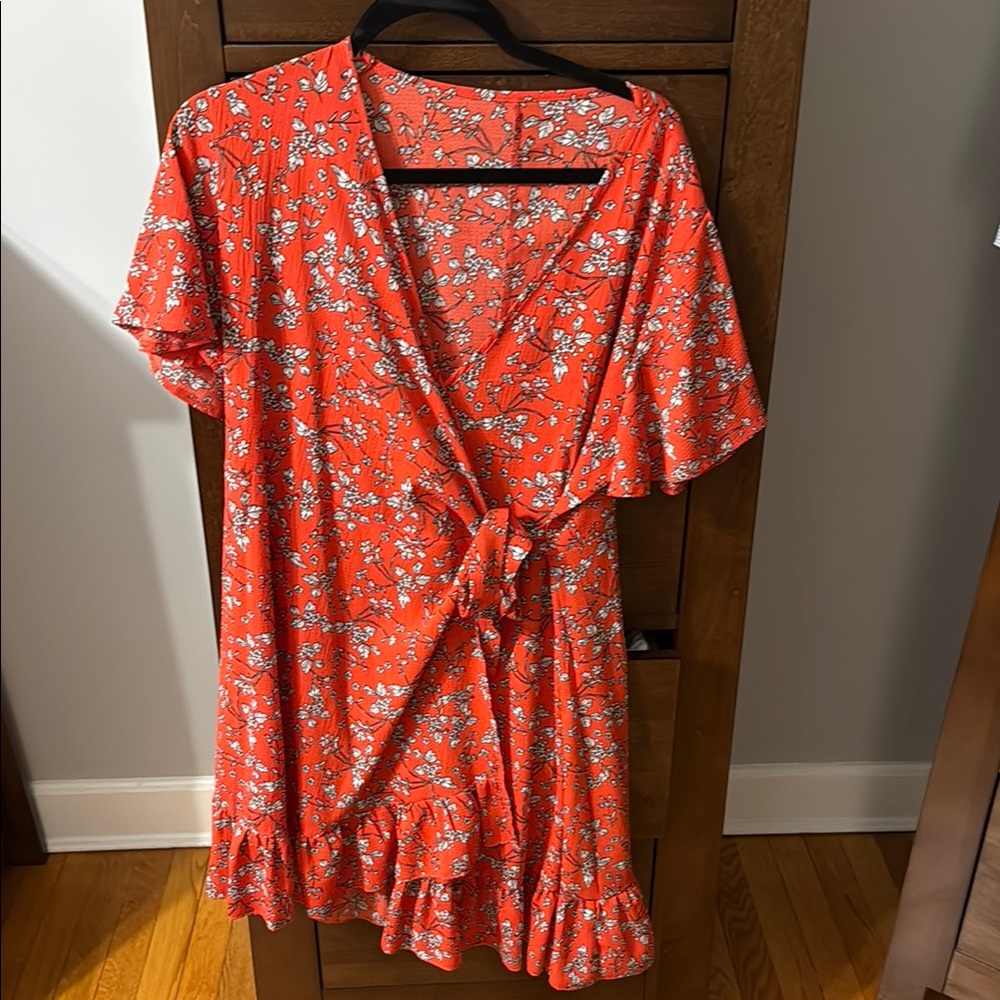 Floral Wrap Dress by Unknown Brand - Red and White